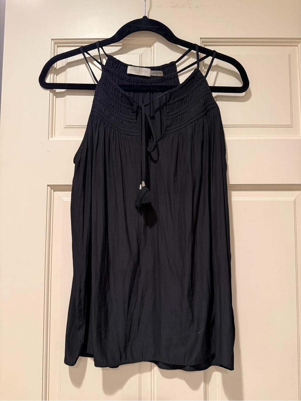 Ramy Brook Black Smocked Halter Top with Tassel Ties